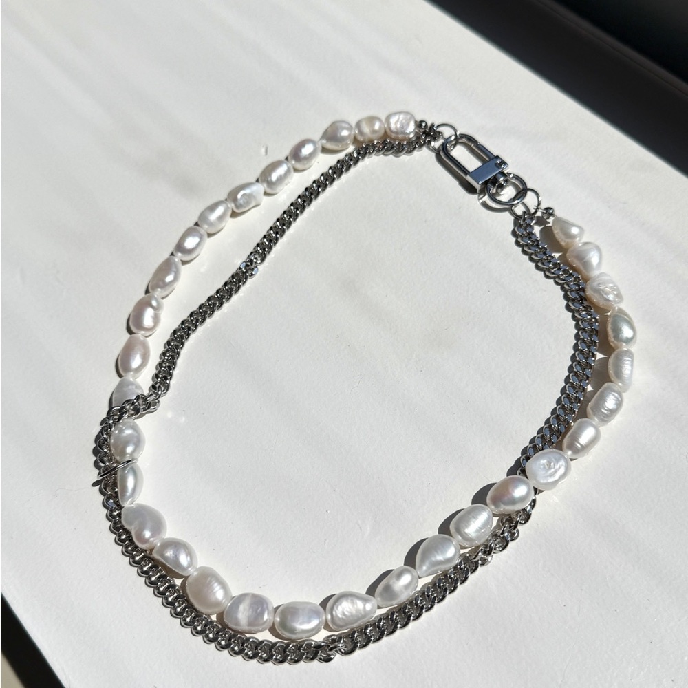 Pearl/Metal Double-Chain Necklace